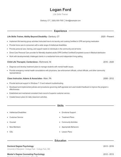 Life Skills Trainer Resume
