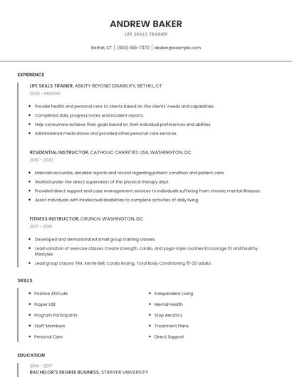 Life Skills Trainer Resume
