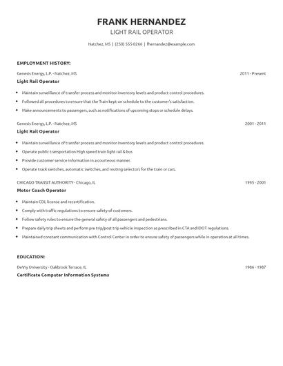 Light Rail Operator Resume
