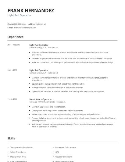 Light Rail Operator Resume