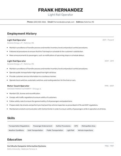 Light Rail Operator Resume