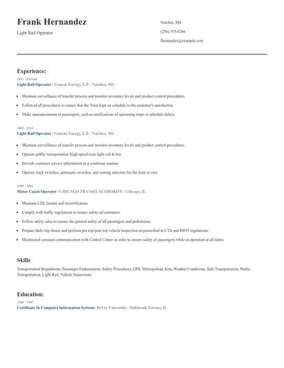 Light Rail Operator Resume