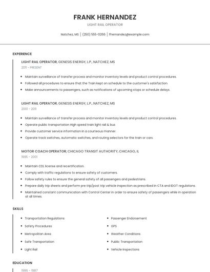 Light Rail Operator Resume