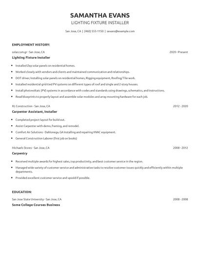 Lighting Fixture Installer Resume