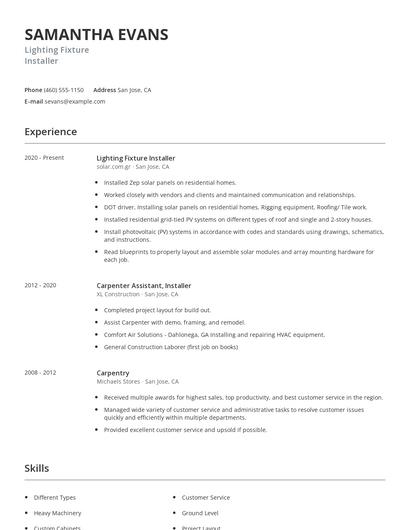 Lighting Fixture Installer Resume
