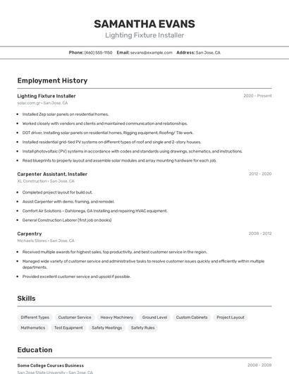 Lighting Fixture Installer Resume