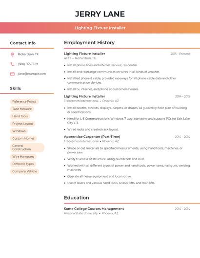 Lighting Fixture Installer Resume