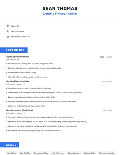 Lighting Fixture Installer Resume