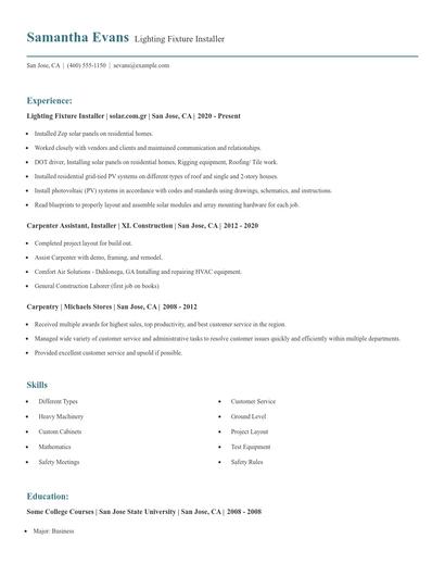 Lighting Fixture Installer Resume