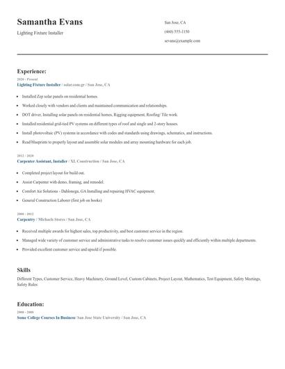 Lighting Fixture Installer Resume