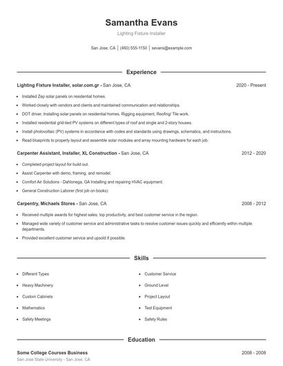 Lighting Fixture Installer Resume