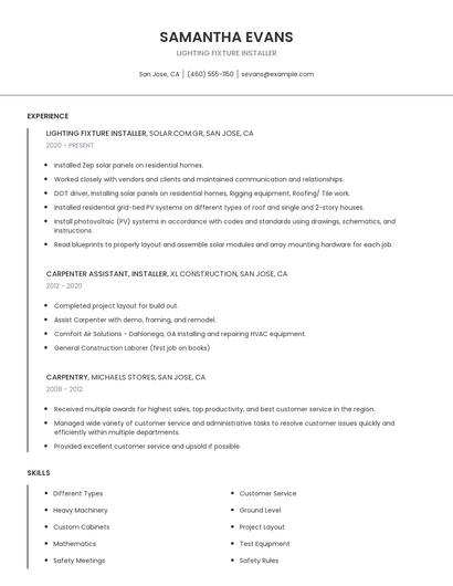 Lighting Fixture Installer Resume