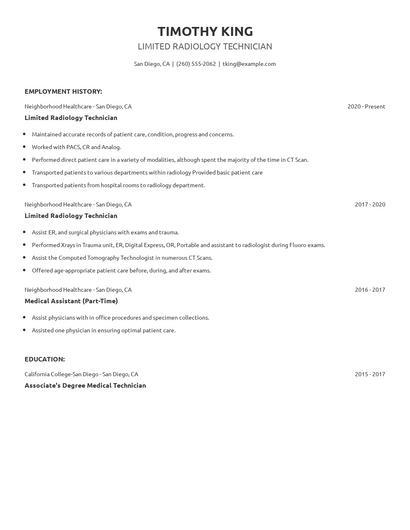 Limited Radiology Technician Resume