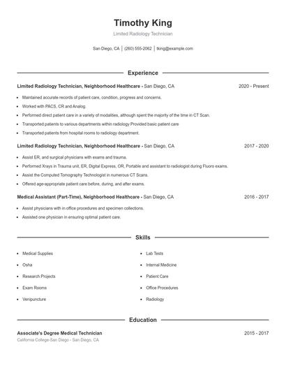 Limited Radiology Technician Resume
