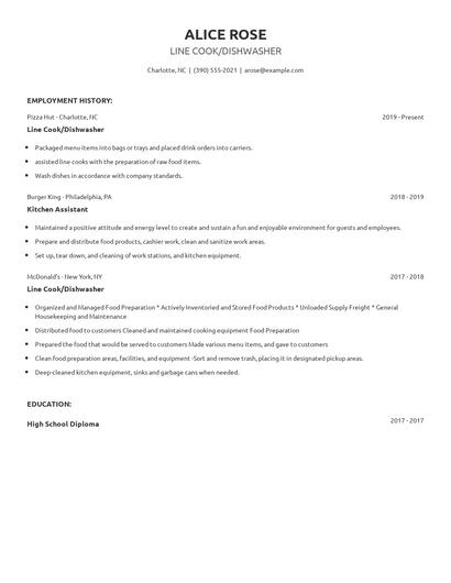 Line Cook/Dishwasher Resume