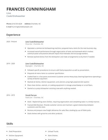 Line Cook/Dishwasher Resume