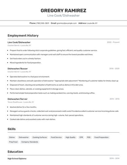 Line Cook/Dishwasher Resume