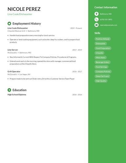 Line Cook/Dishwasher Resume