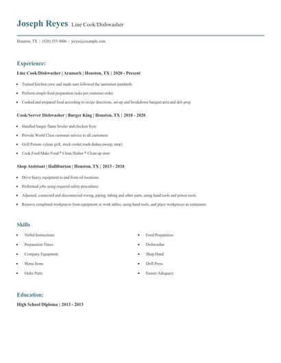 Line Cook/Dishwasher Resume