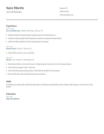 Line Cook/Dishwasher Resume