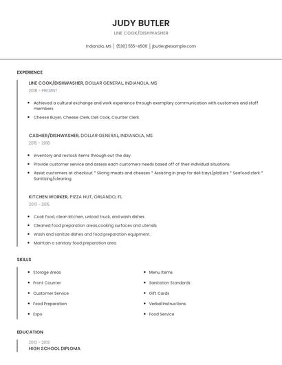 Line Cook/Dishwasher Resume