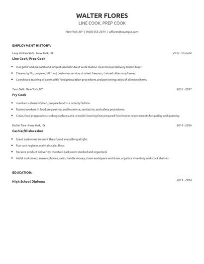 Line Cook, Prep Cook Resume