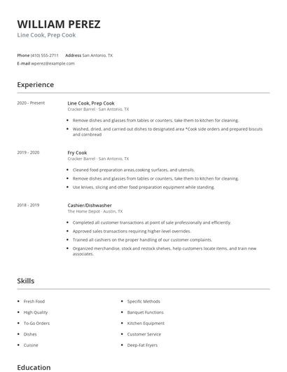 Line Cook, Prep Cook Resume