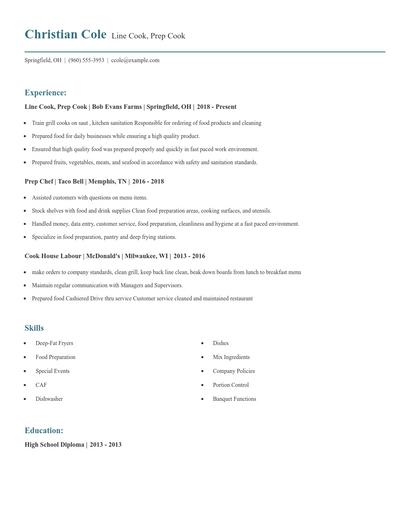 Line Cook, Prep Cook Resume