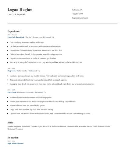 Line Cook, Prep Cook Resume