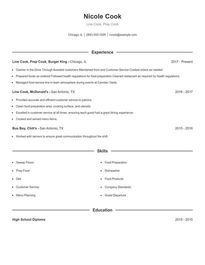 Line Cook, Prep Cook Resume