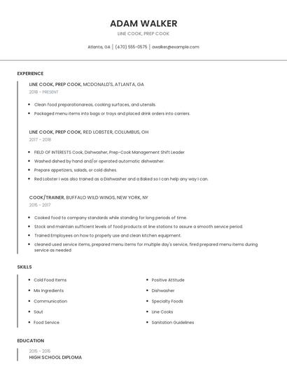 Line Cook, Prep Cook Resume
