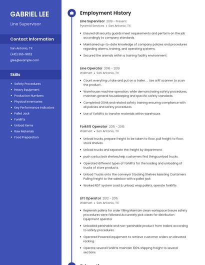 Line Supervisor Resume