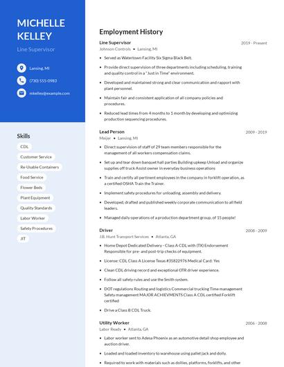 Line Supervisor Resume