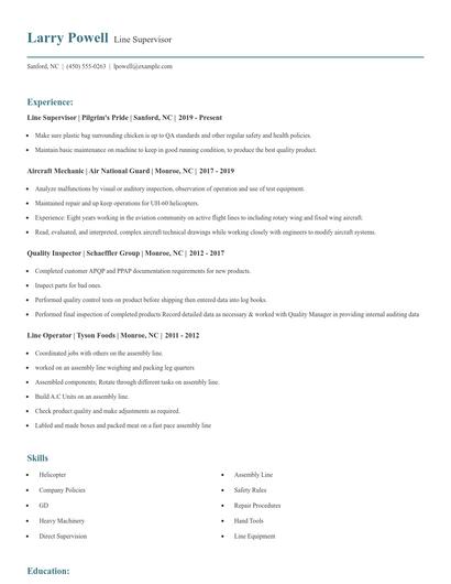 Line Supervisor Resume