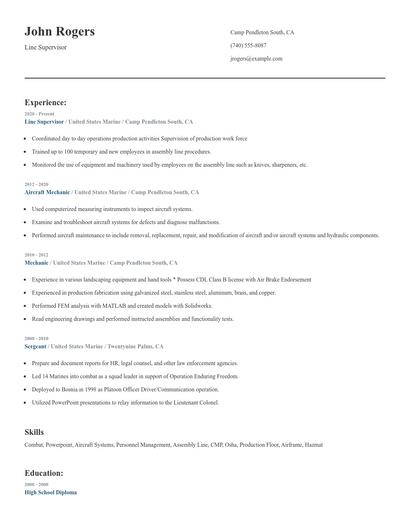 Line Supervisor Resume