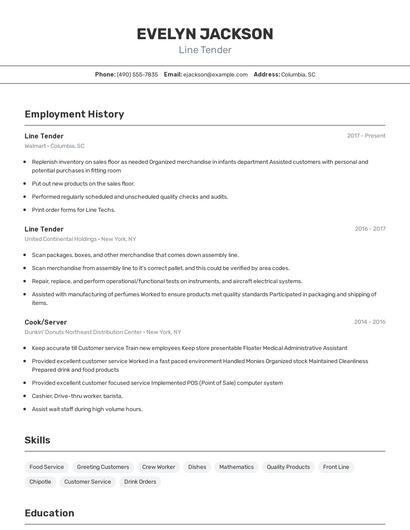 Line Tender Resume