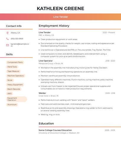 Line Tender Resume