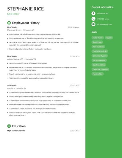 Line Tender Resume