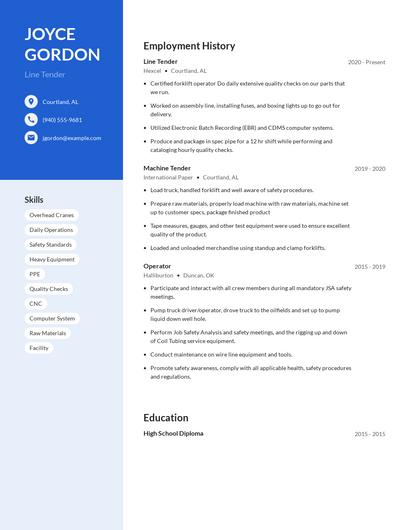 Line Tender Resume