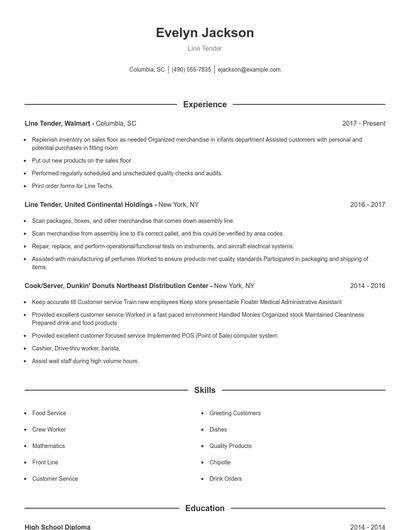 Line Tender Resume