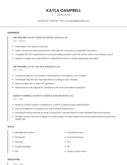 Line Trucker Resume