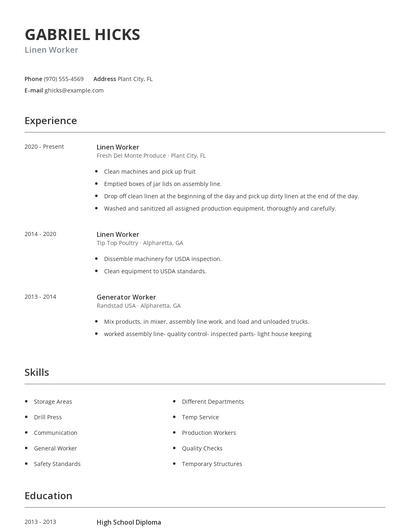 Linen Worker Resume