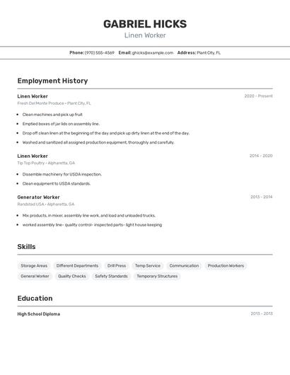 Linen Worker Resume