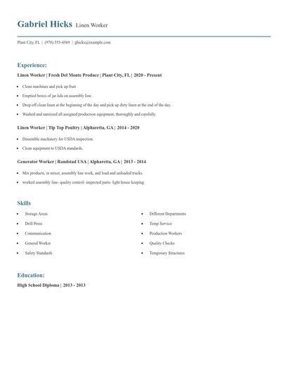 Linen Worker Resume