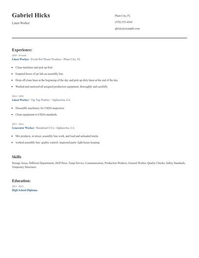 Linen Worker Resume