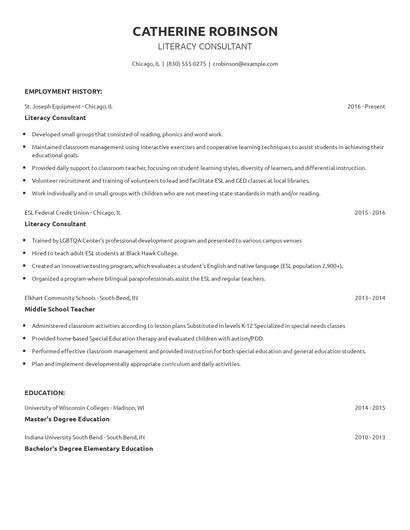 Literacy Consultant Resume