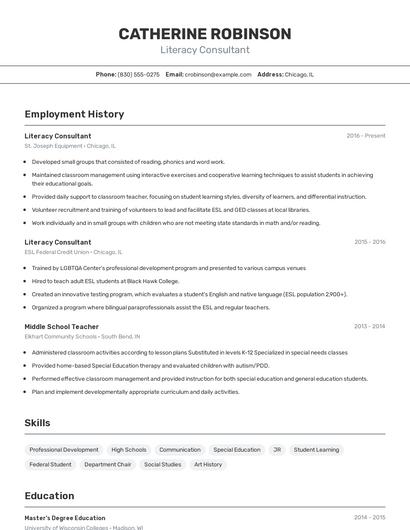 Literacy Consultant Resume
