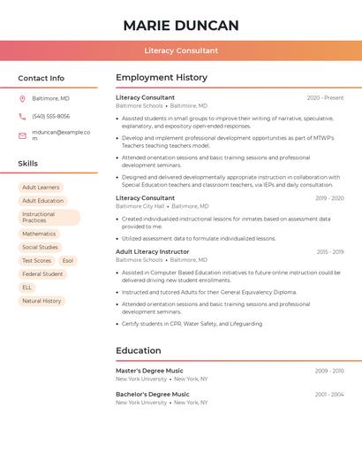 Literacy Consultant Resume