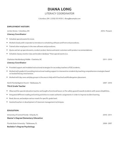 Literacy Coordinator Resume