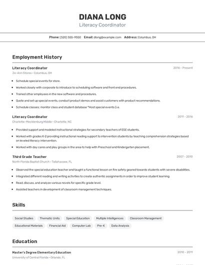 Literacy Coordinator Resume
